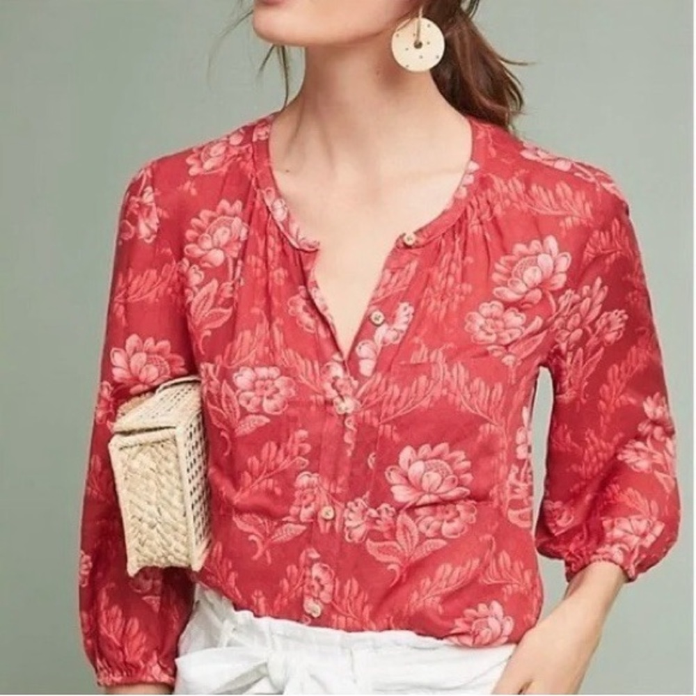 Anthropologie Akemi + Kin Coconino Red Floral Button Up Top Size Large